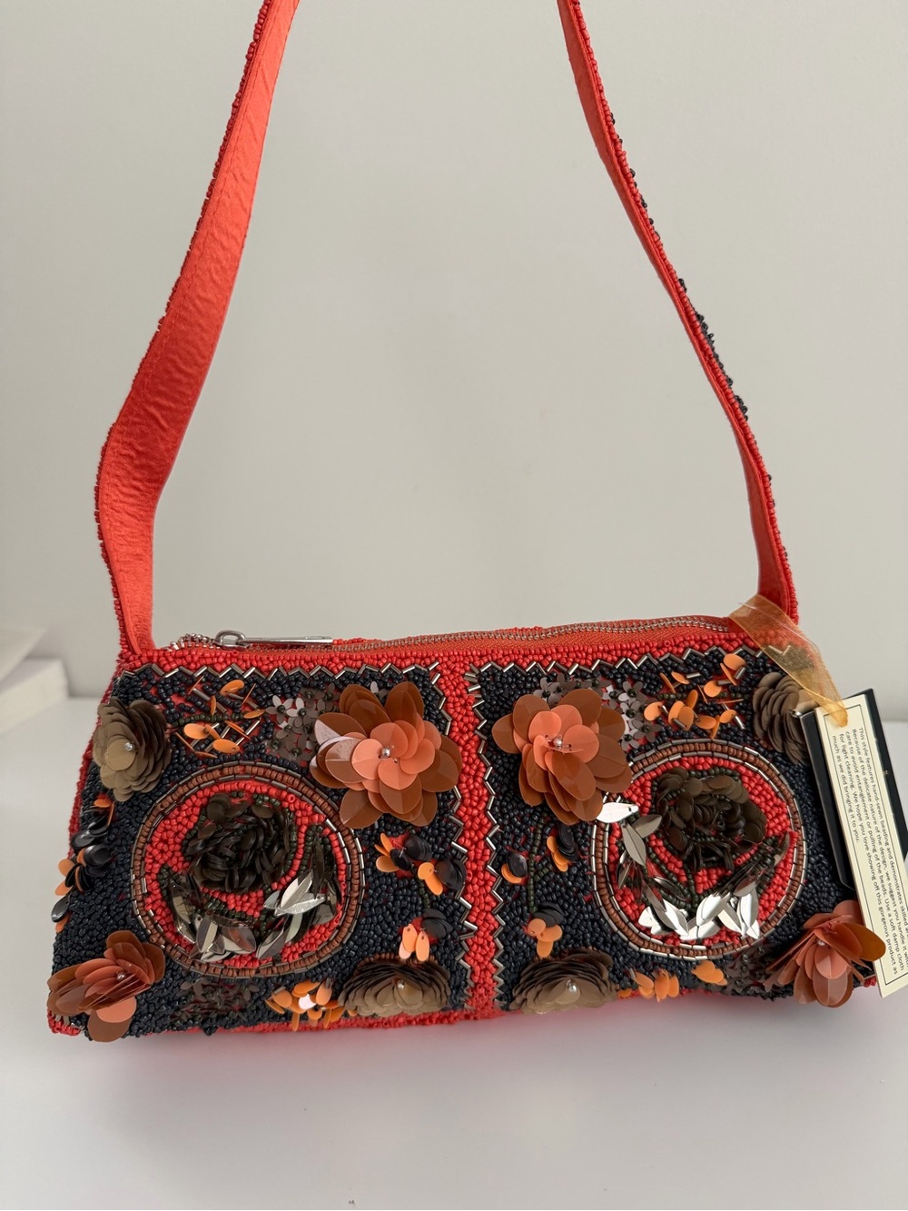 Embellished Orange Floral Beaded Shoulder Bag